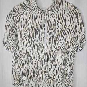 Jane + Delancey Zebra Animal Print Brown Button Up Textured Rayon Medium NWT
